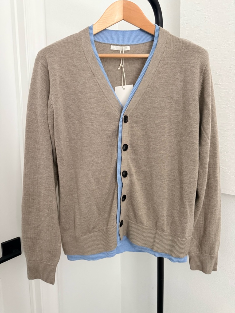 Zara Taupe Cardigan Sweater with Light Blue Trim